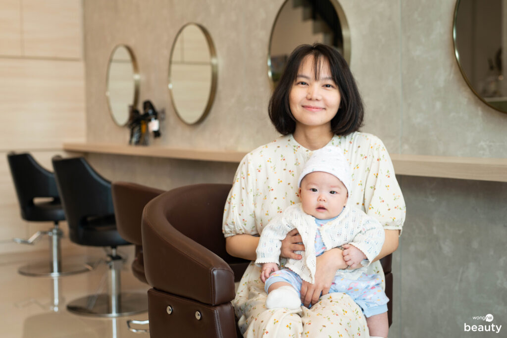 Post-partum hair loss treatment — mother with baby at Bee Choo Ladies salon